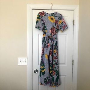 SheIn Striped and Floral Print Tie Waist Dress